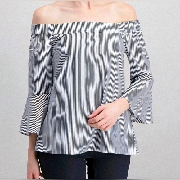 Cupio Off-Shoulder Navy Striped Blouse - Picture 1 of 8